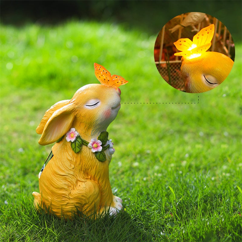 Solar Powered Rabbit & Butterfly Garden Ornament | Resin Statue Solar Garden Ornament Oasis Select