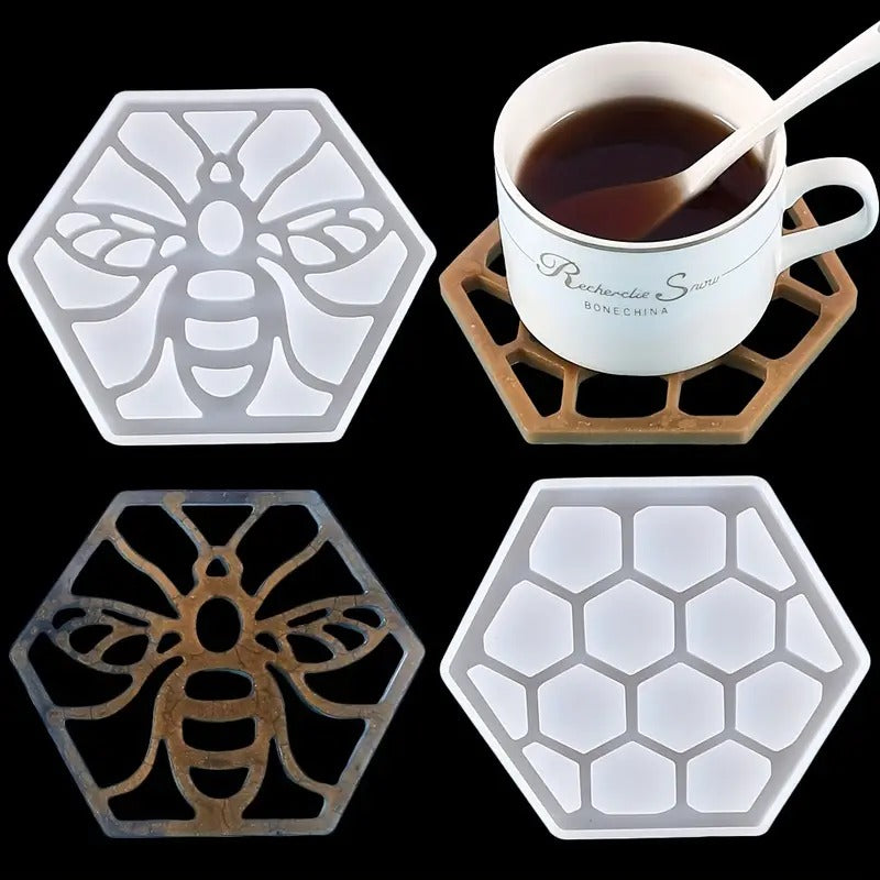 Bee Honeycomb Epoxy Coaster Silicone Mold Set – 2pcs DIY Epoxy Resin Mold Oasis Select