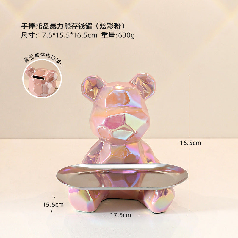 Colorful Electroplated Bear Decor Tray & Piggy Bank | Ceramic Decorative Bear Tray Oasis Select Hand holding tray violent bear piggy bank [colorful powder]]