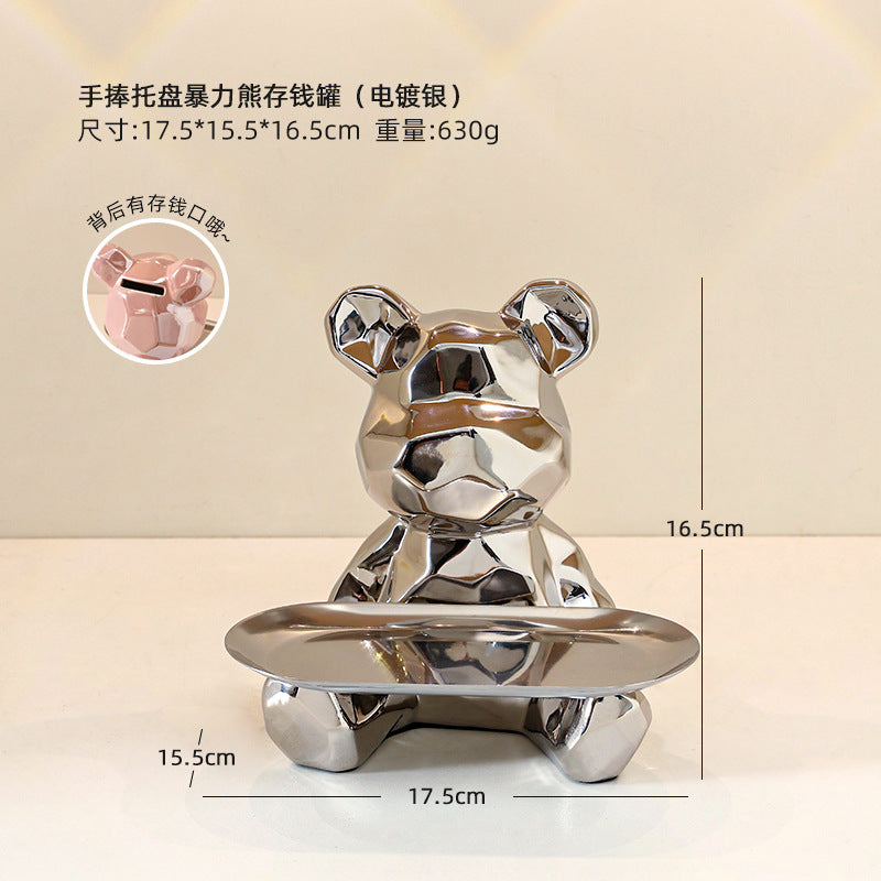 Colorful Electroplated Bear Decor Tray & Piggy Bank | Ceramic Decorative Bear Tray Oasis Select Hand-held tray violent bear piggy bank [silver plating]]