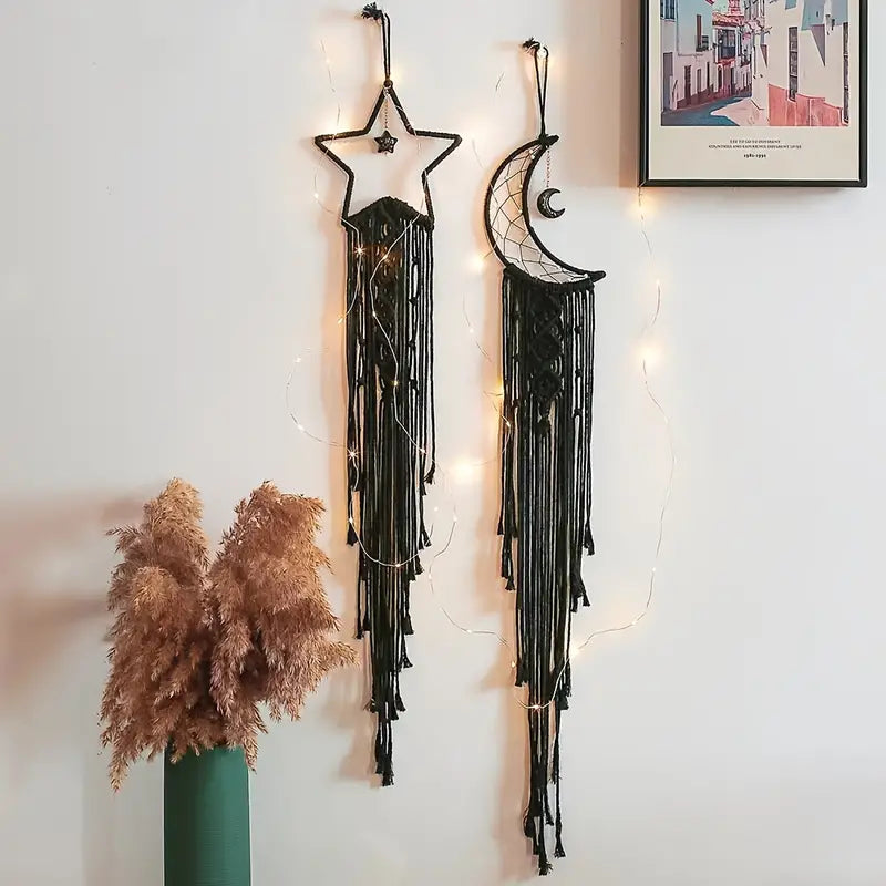 Handmade Black Star & Moon Cotton Rope Dream Catcher Boho Wall Hanging Oasis Select