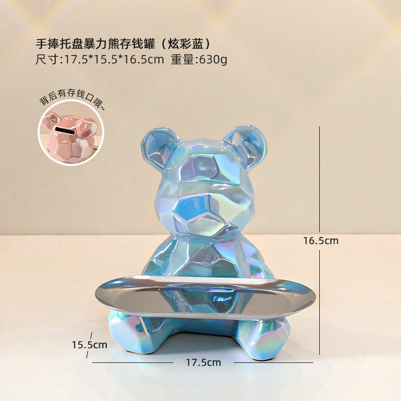 Colorful Electroplated Bear Decor Tray & Piggy Bank | Ceramic Decorative Bear Tray Oasis Select Hand holding tray violent bear piggy bank [colorful basket]]