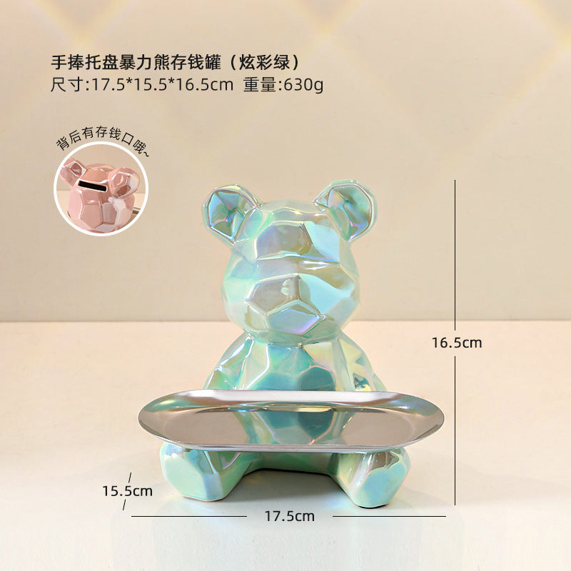 Colorful Electroplated Bear Decor Tray & Piggy Bank | Ceramic Decorative Bear Tray Oasis Select Hand holding tray violent bear piggy bank [colorful green]]