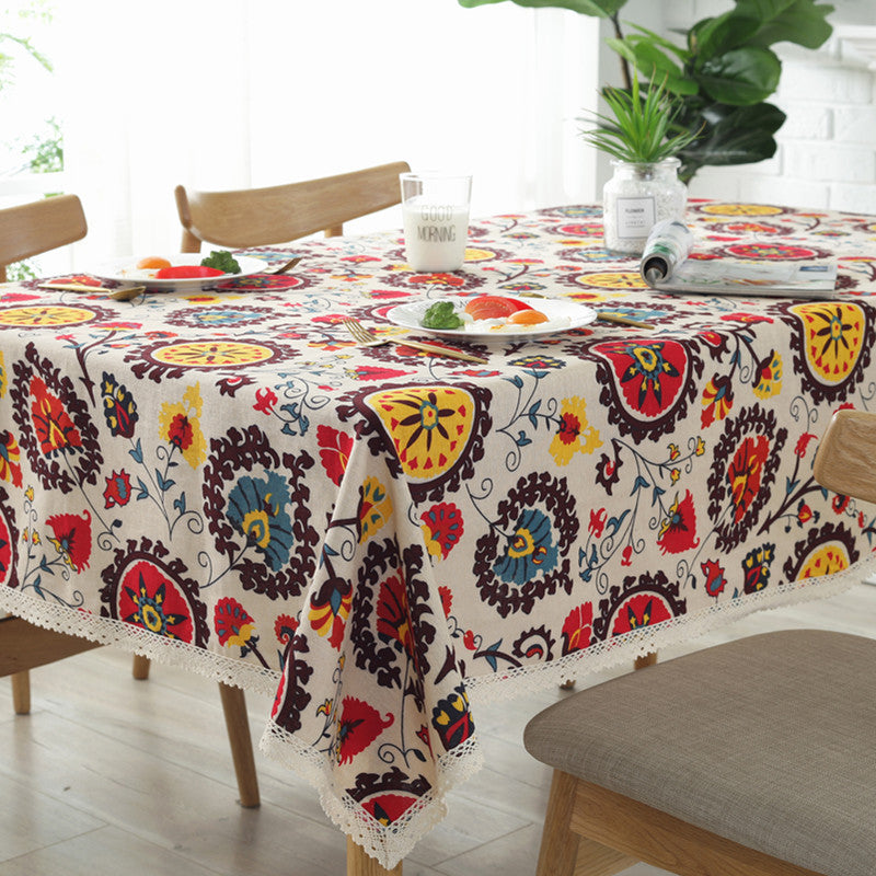 Sunflower Cotton Linen Tablecloth with Vintage Lace Trim Cotton Linen Tablecloth Oasis Select