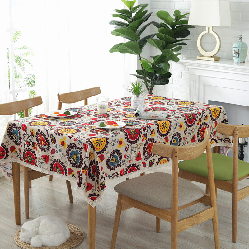 Sunflower Cotton Linen Tablecloth with Vintage Lace Trim Cotton Linen Tablecloth Oasis Select