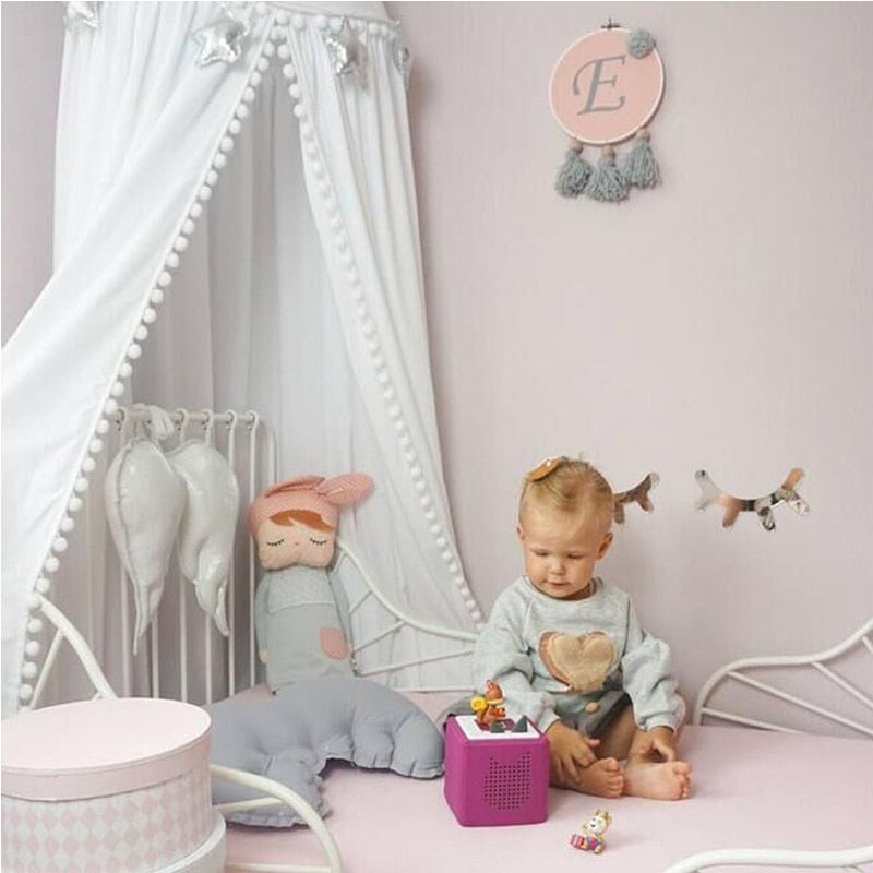 Kids Pom Pom Canopy Bed Tent & Mosquito Net | 240cm Dome Kids Bed Canopy Oasis Select White