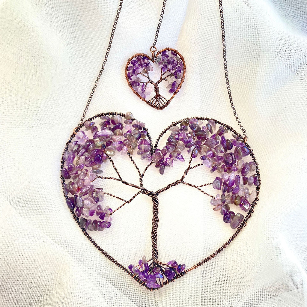 Natural Crystal Heart Tree of Life Dreamcatcher Pendant Crystal Wall Hanging Oasis Select Amethyst style