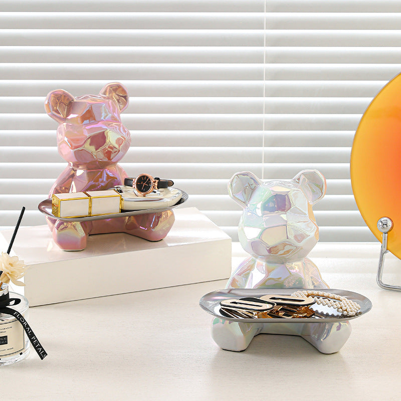 Colorful Electroplated Bear Decor Tray & Piggy Bank | Ceramic Decorative Bear Tray Oasis Select