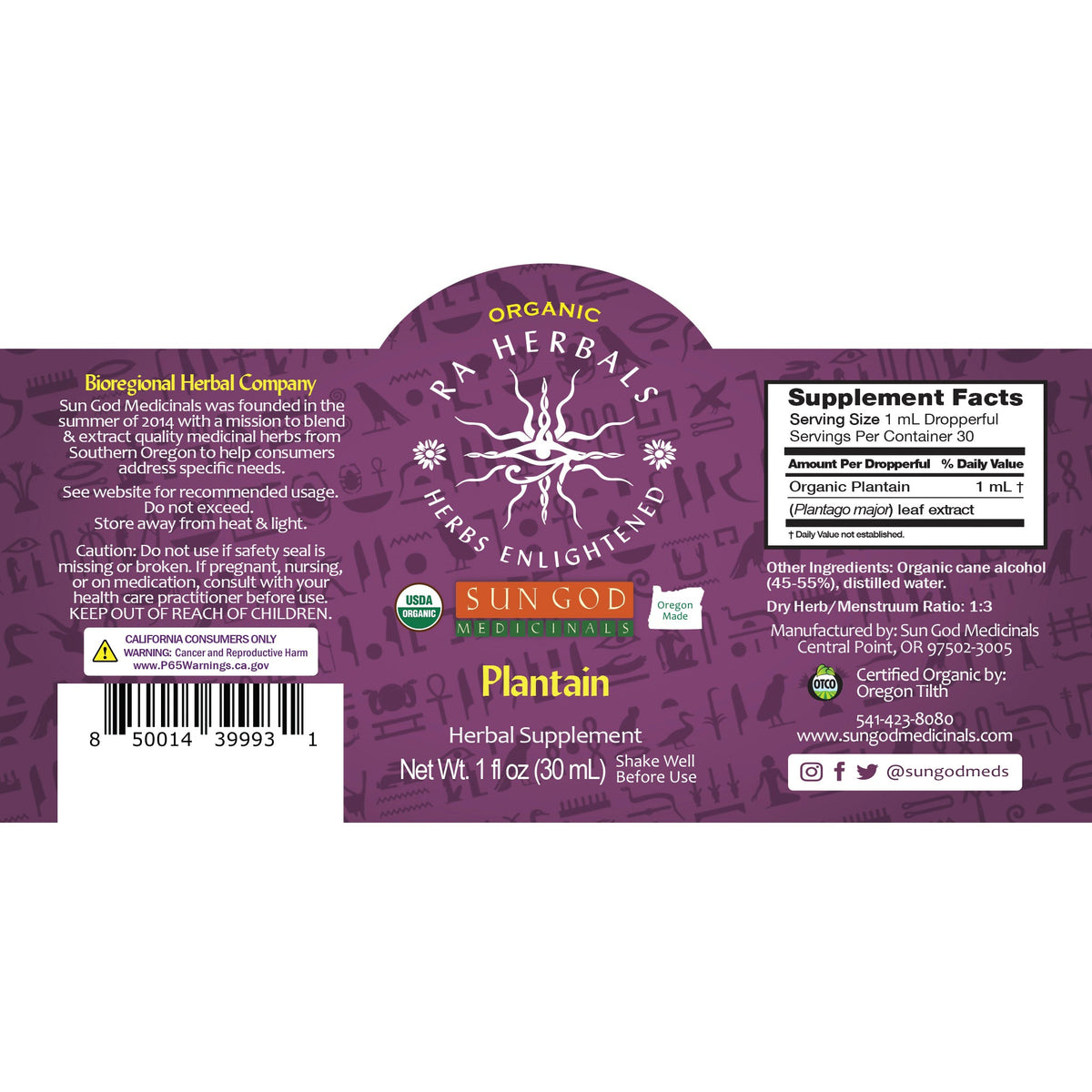 Organic Plantain Tincture | Ra Herbals Single-Herb Extract Herbal Tincture Oasis Select