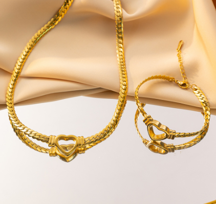 Gold-Plated Heart Cuban Chain Jewelry Set – Necklace & Bracelet Jewelry Set Oasis Select